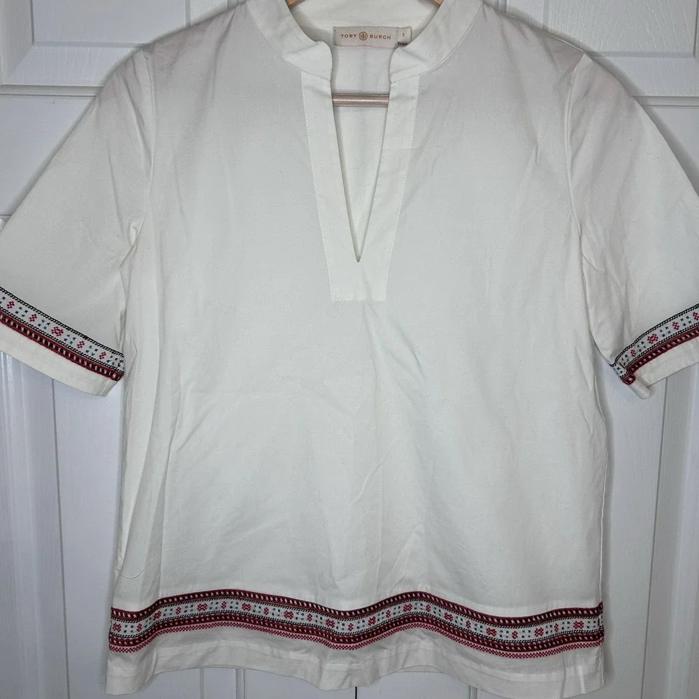 Tory Burch white poplin/red embroidery popover blouse, Size 0